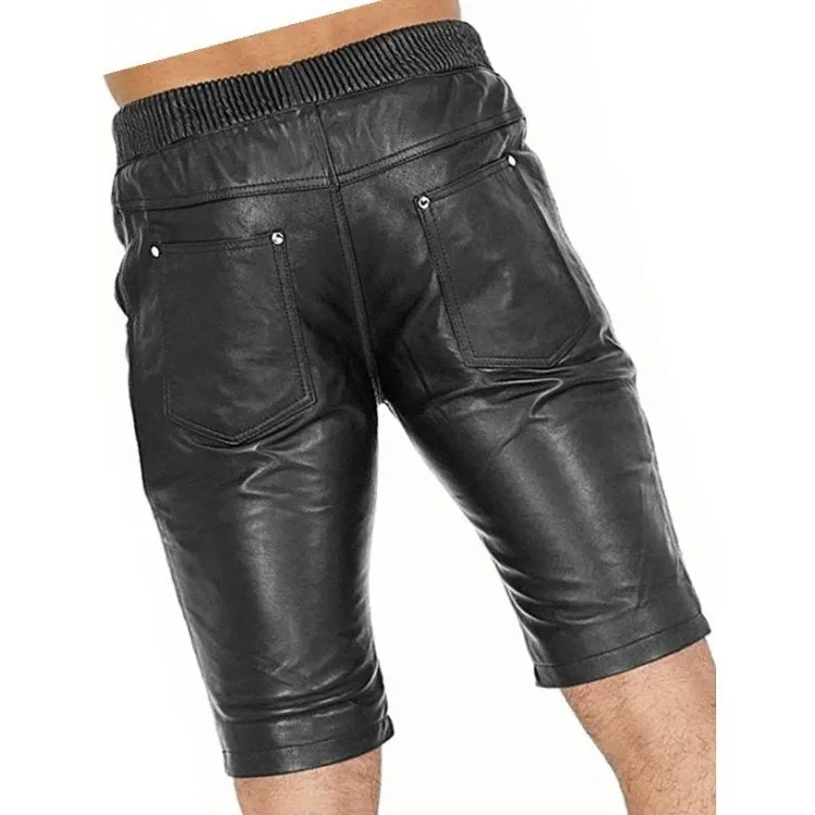 Men Elastic Waist Joggers Real Sheepskin Black Leather Shorts