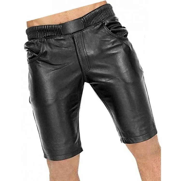 Men Elastic Waist Joggers Real Sheepskin Black Leather Shorts