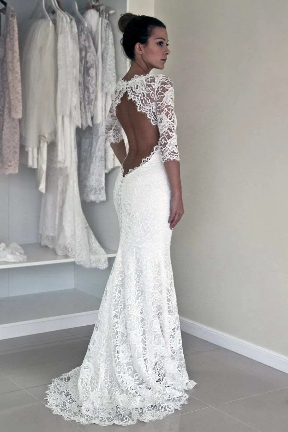 Mermaid Illusion Sleeve Satin Lace Button Zipper Keyhole Wedding Dress-715110
