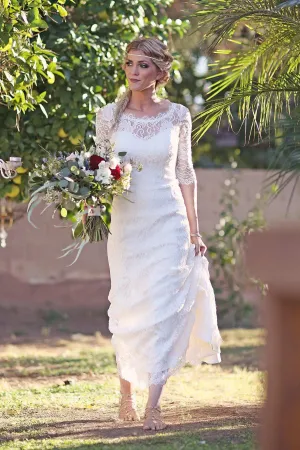 Mermaid Illusion Sleeve Satin Lace Button Zipper Keyhole Wedding Dress-715110
