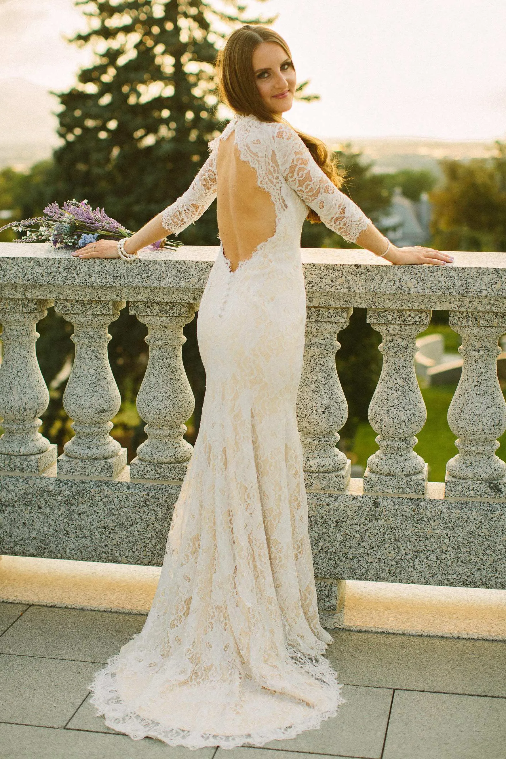 Mermaid Illusion Sleeve Satin Lace Button Zipper Keyhole Wedding Dress-715110
