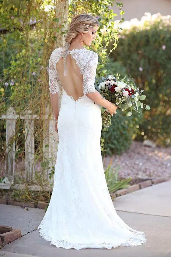 Mermaid Illusion Sleeve Satin Lace Button Zipper Keyhole Wedding Dress-715110