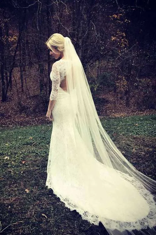 Mermaid Illusion Sleeve Satin Lace Button Zipper Keyhole Wedding Dress-715110