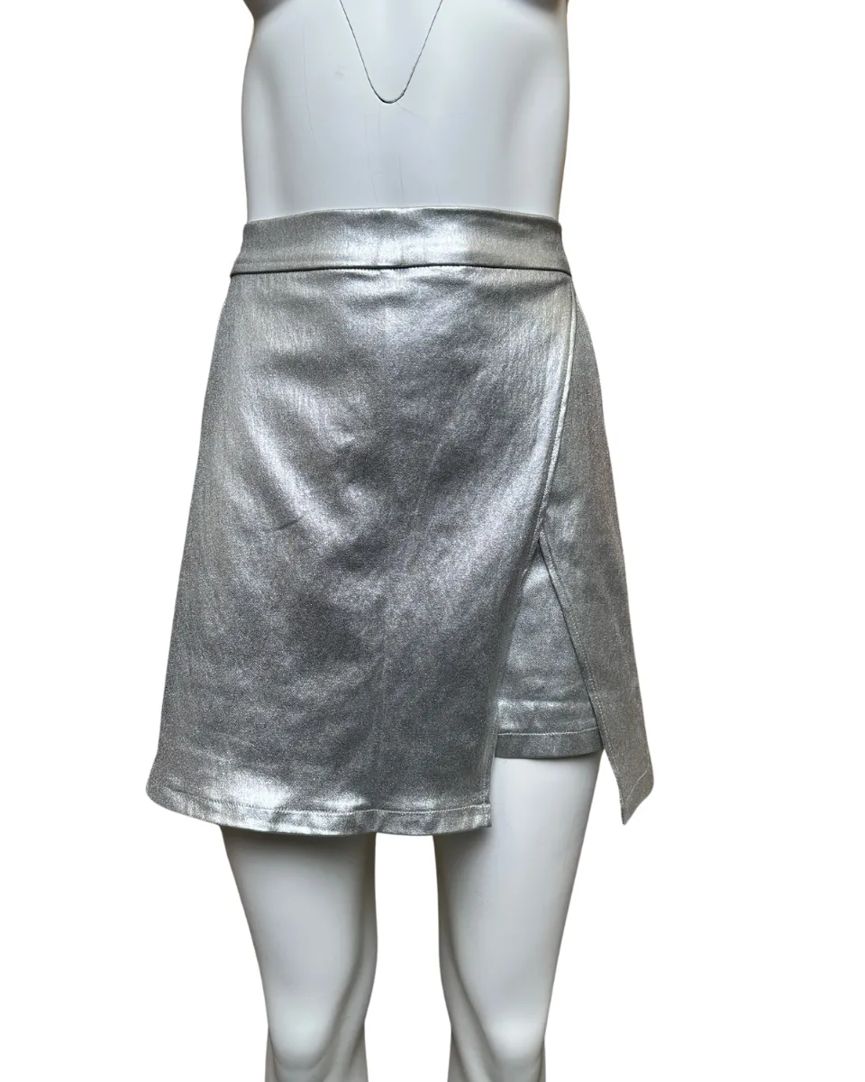 Metallic Stretch Elastic Waist Detail Skort in Silver
