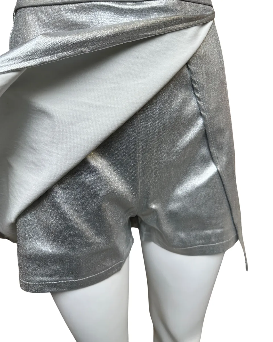 Metallic Stretch Elastic Waist Detail Skort in Silver