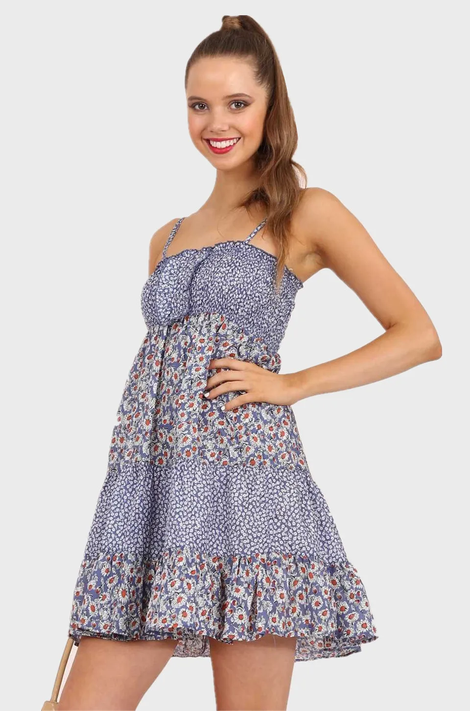MISS PINKI Alaina tiered summer Dress beach dress in blue ditsy