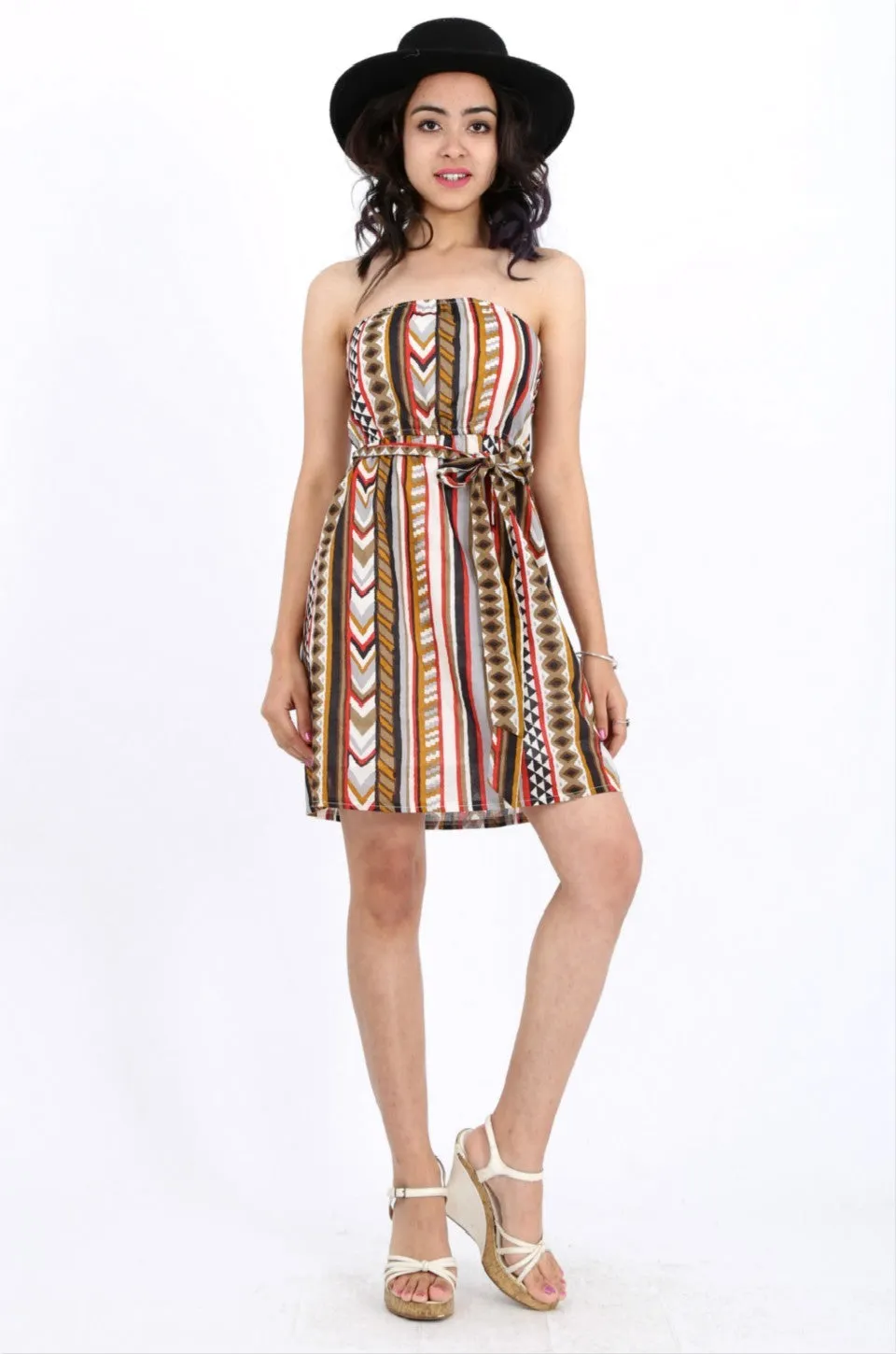 MISS PINKI Bella boobtube stripe print dress in brown