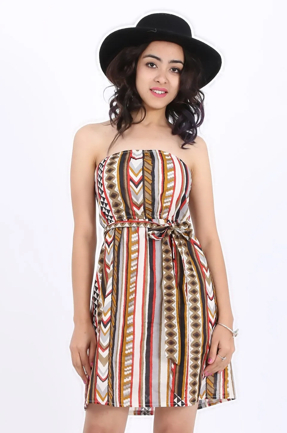 MISS PINKI Bella boobtube stripe print dress in brown