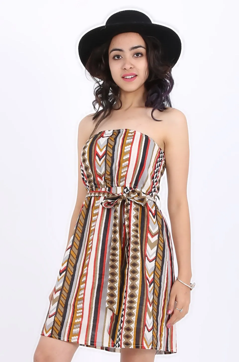 MISS PINKI Bella boobtube stripe print dress in brown