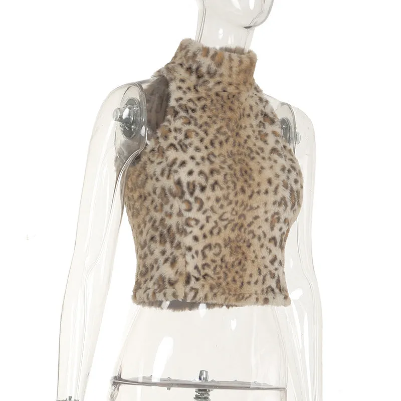 Mock Neck Leopard Print Furry Sleeveless Top