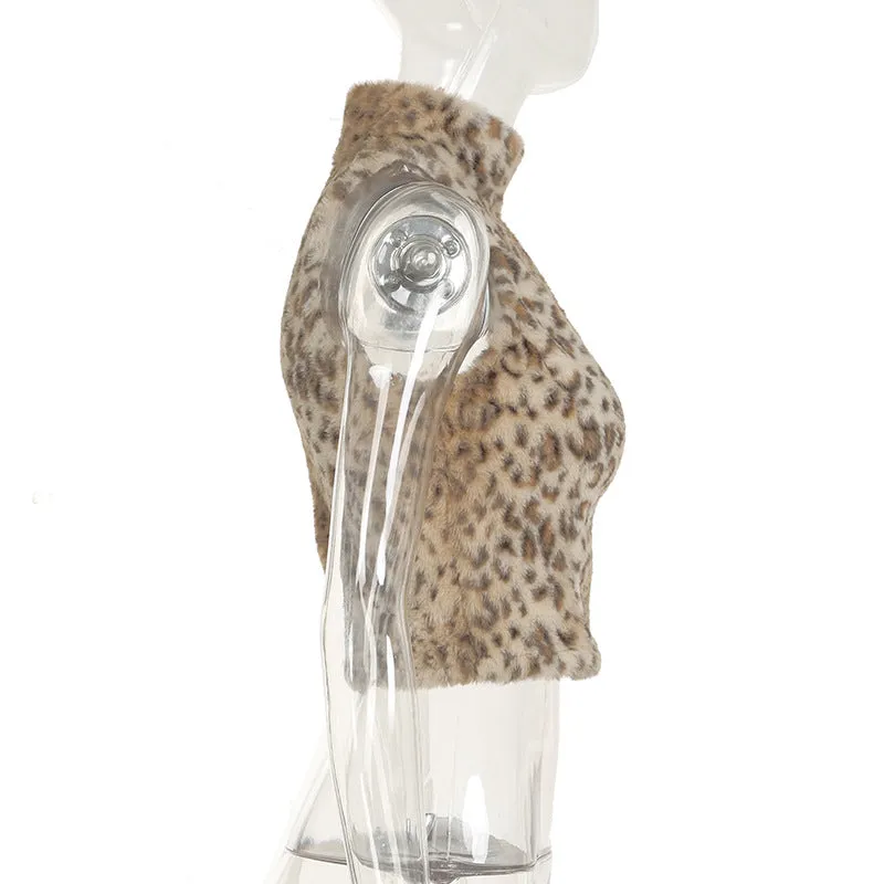Mock Neck Leopard Print Furry Sleeveless Top