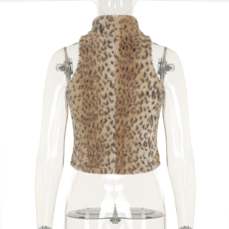Mock Neck Leopard Print Furry Sleeveless Top