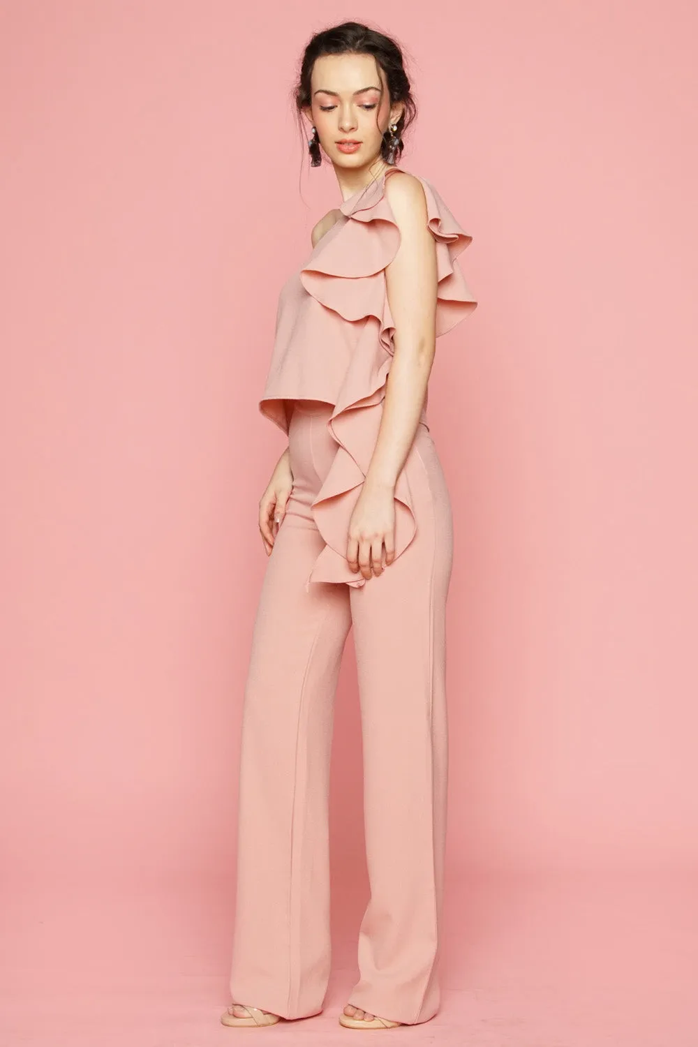 MORNING MIST PANTS SET: Asymmetric Top with Cascading Ruffle Detail   Straight Cut Trouser (Blush Pink)
