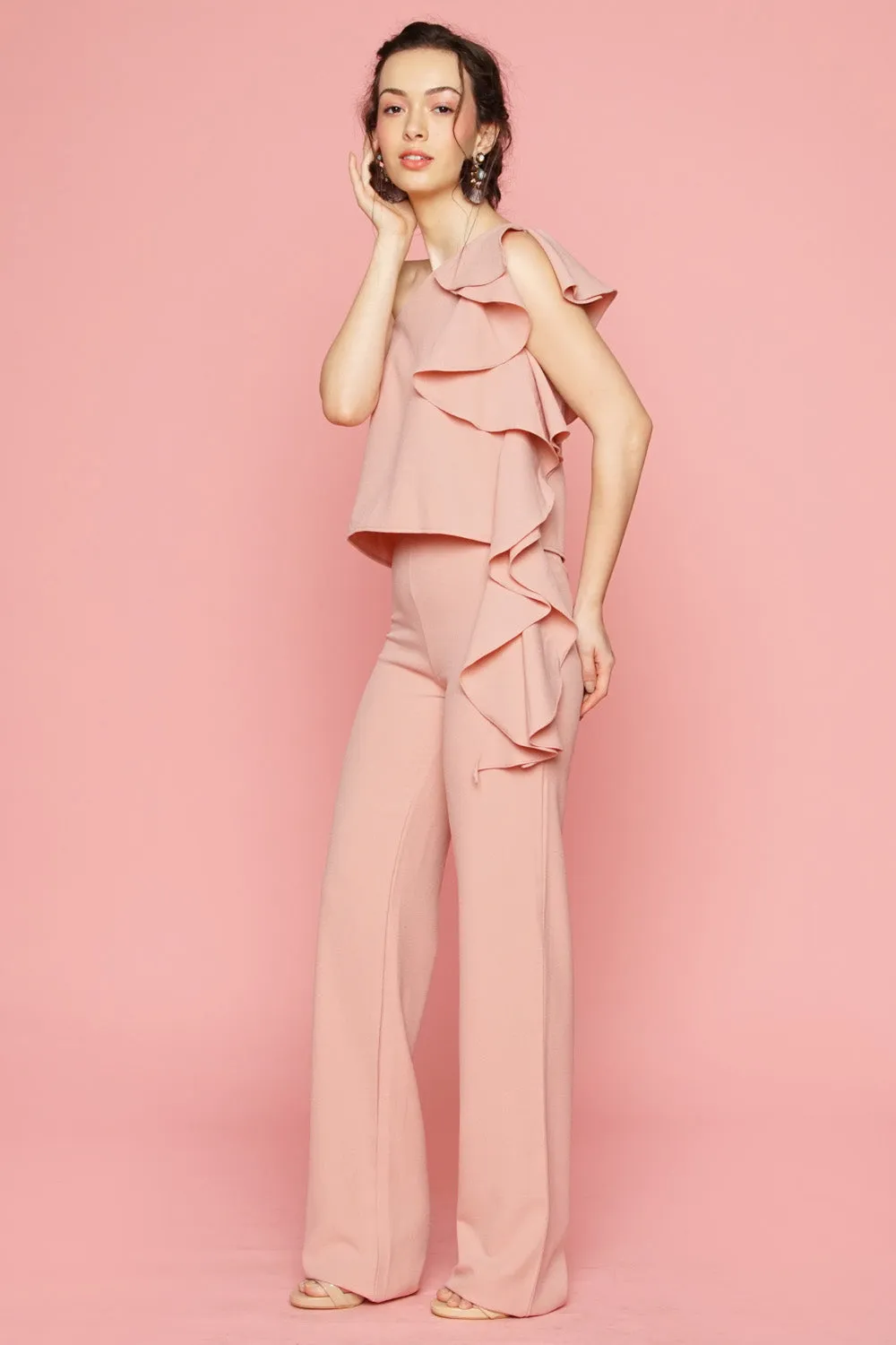 MORNING MIST PANTS SET: Asymmetric Top with Cascading Ruffle Detail   Straight Cut Trouser (Blush Pink)