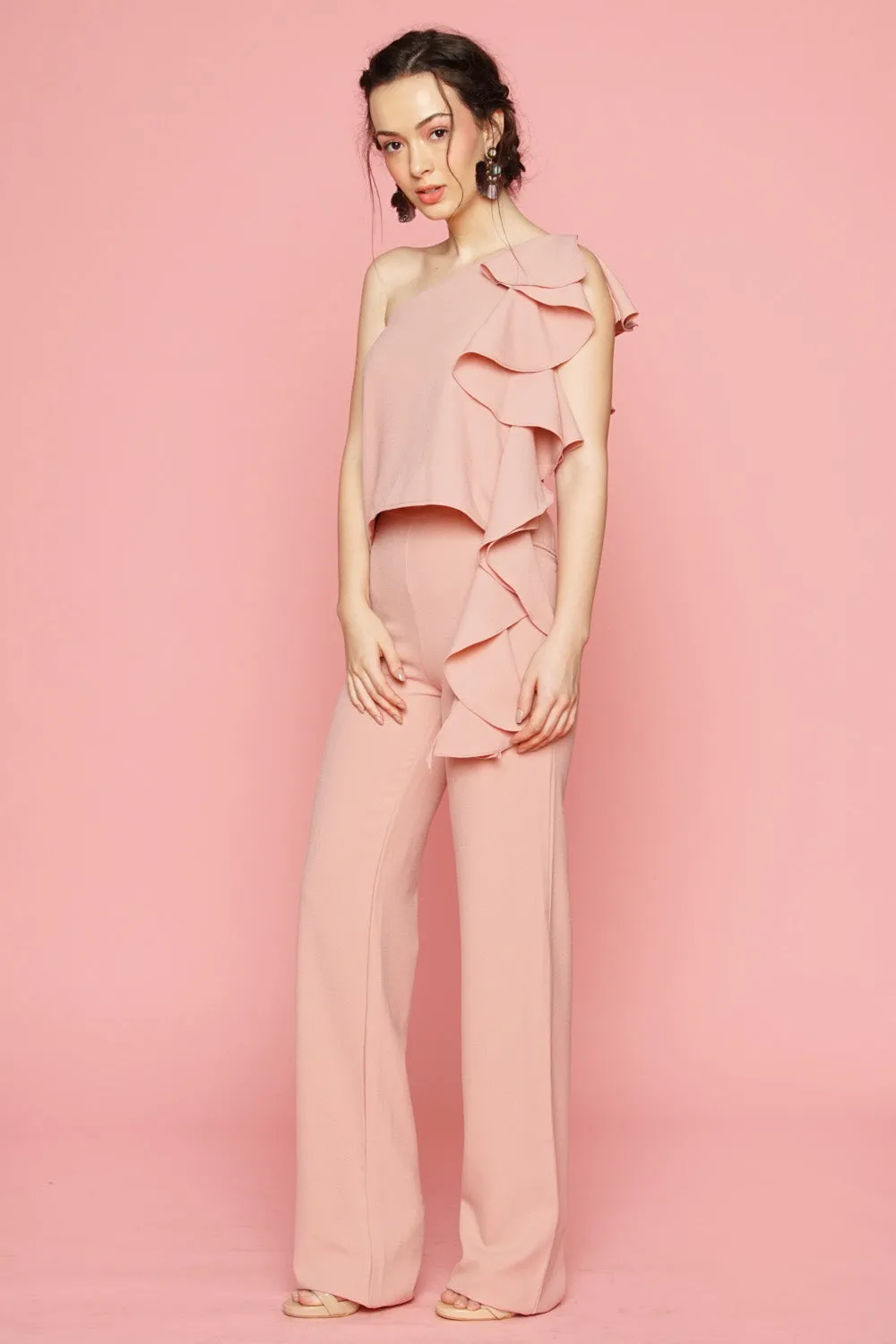 MORNING MIST PANTS SET: Asymmetric Top with Cascading Ruffle Detail   Straight Cut Trouser (Blush Pink)