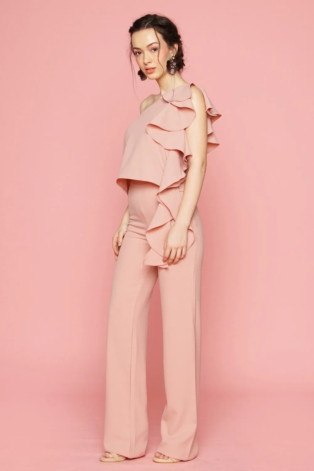 MORNING MIST PANTS SET: Asymmetric Top with Cascading Ruffle Detail   Straight Cut Trouser (Blush Pink)