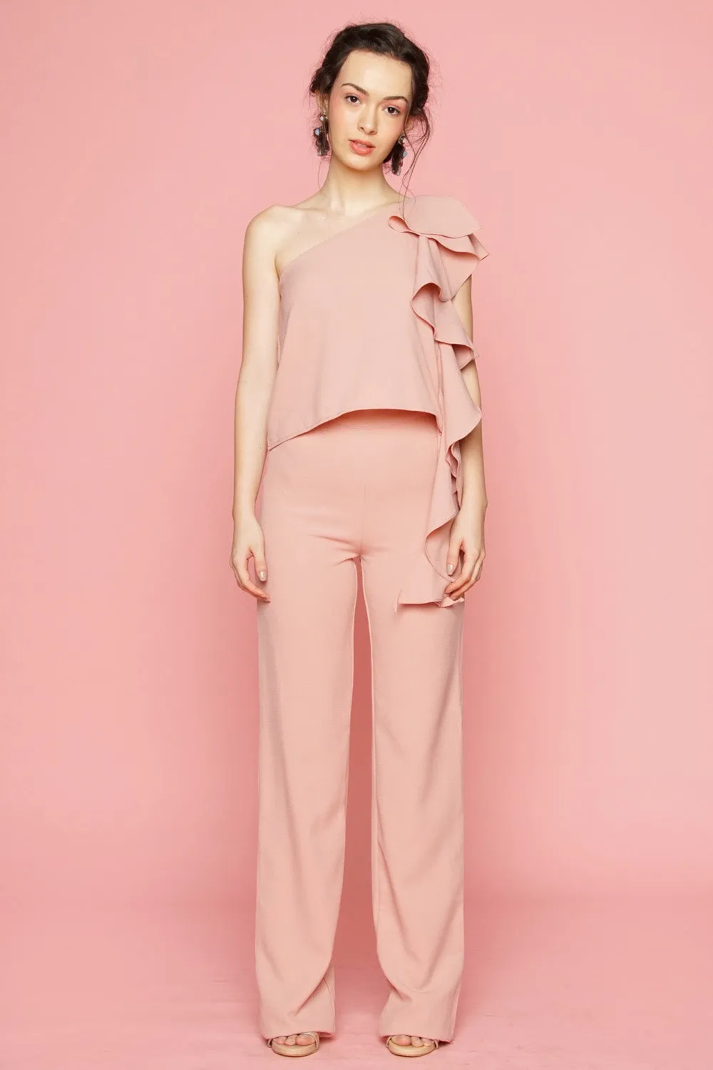 MORNING MIST PANTS SET: Asymmetric Top with Cascading Ruffle Detail   Straight Cut Trouser (Blush Pink)