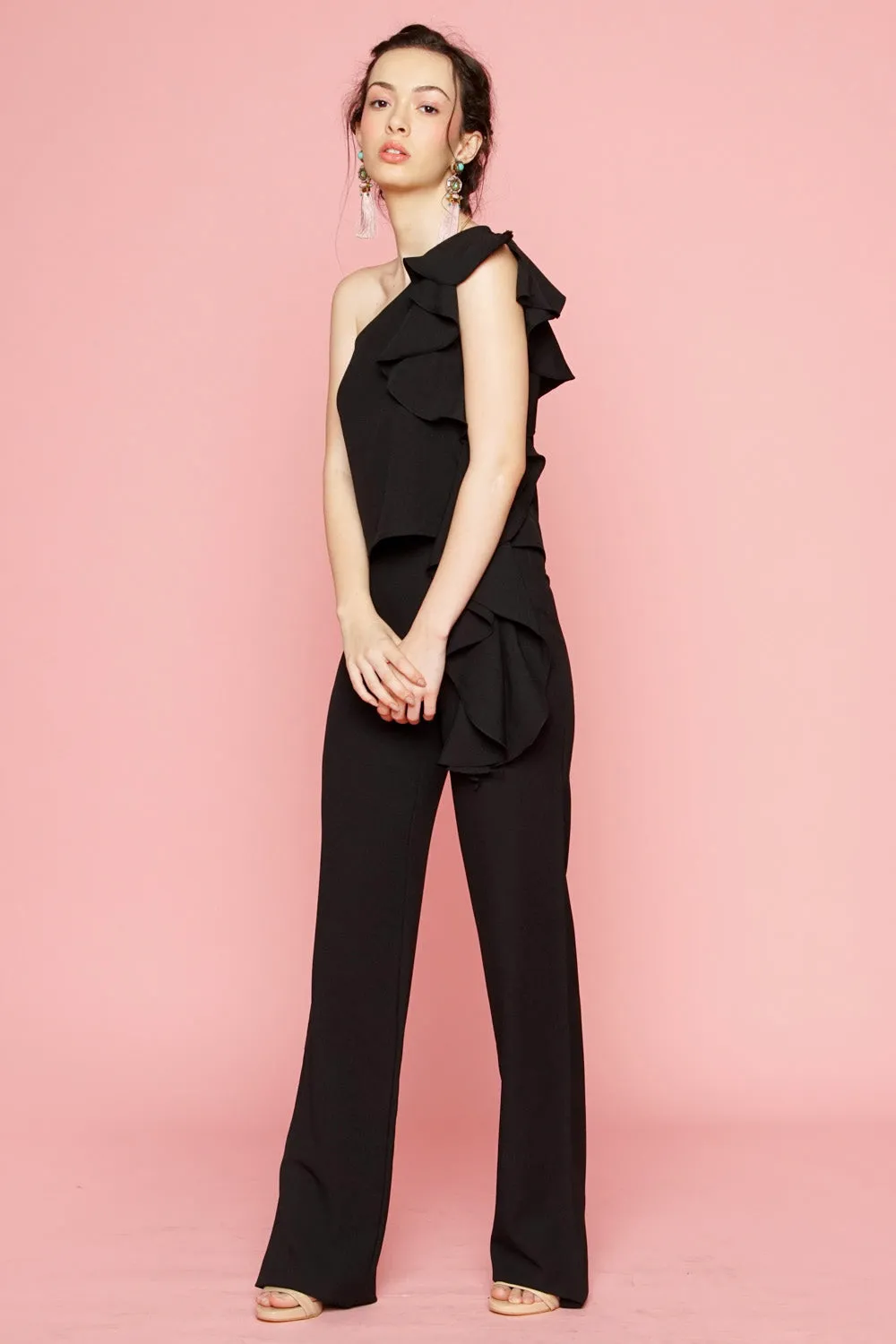 MORNING MIST TOP Asymmetric Top with Cascading Ruffle Detail (Black)