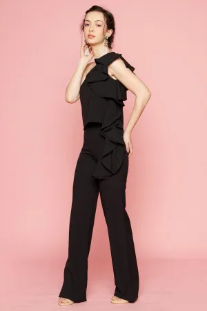 MORNING MIST TOP Asymmetric Top with Cascading Ruffle Detail (Black)