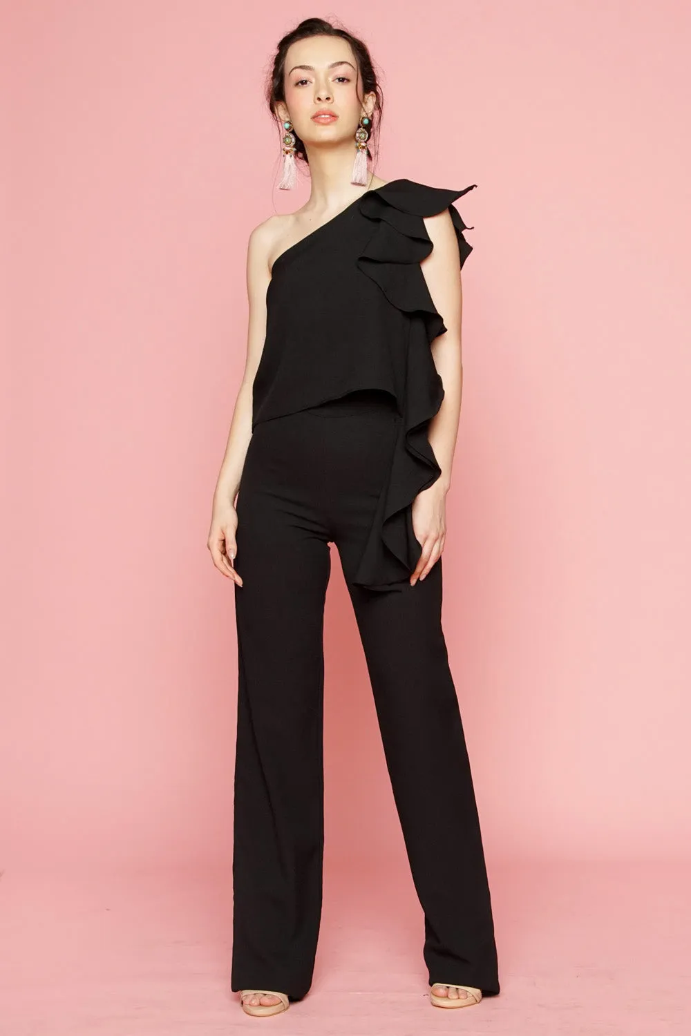 MORNING MIST TOP Asymmetric Top with Cascading Ruffle Detail (Black)