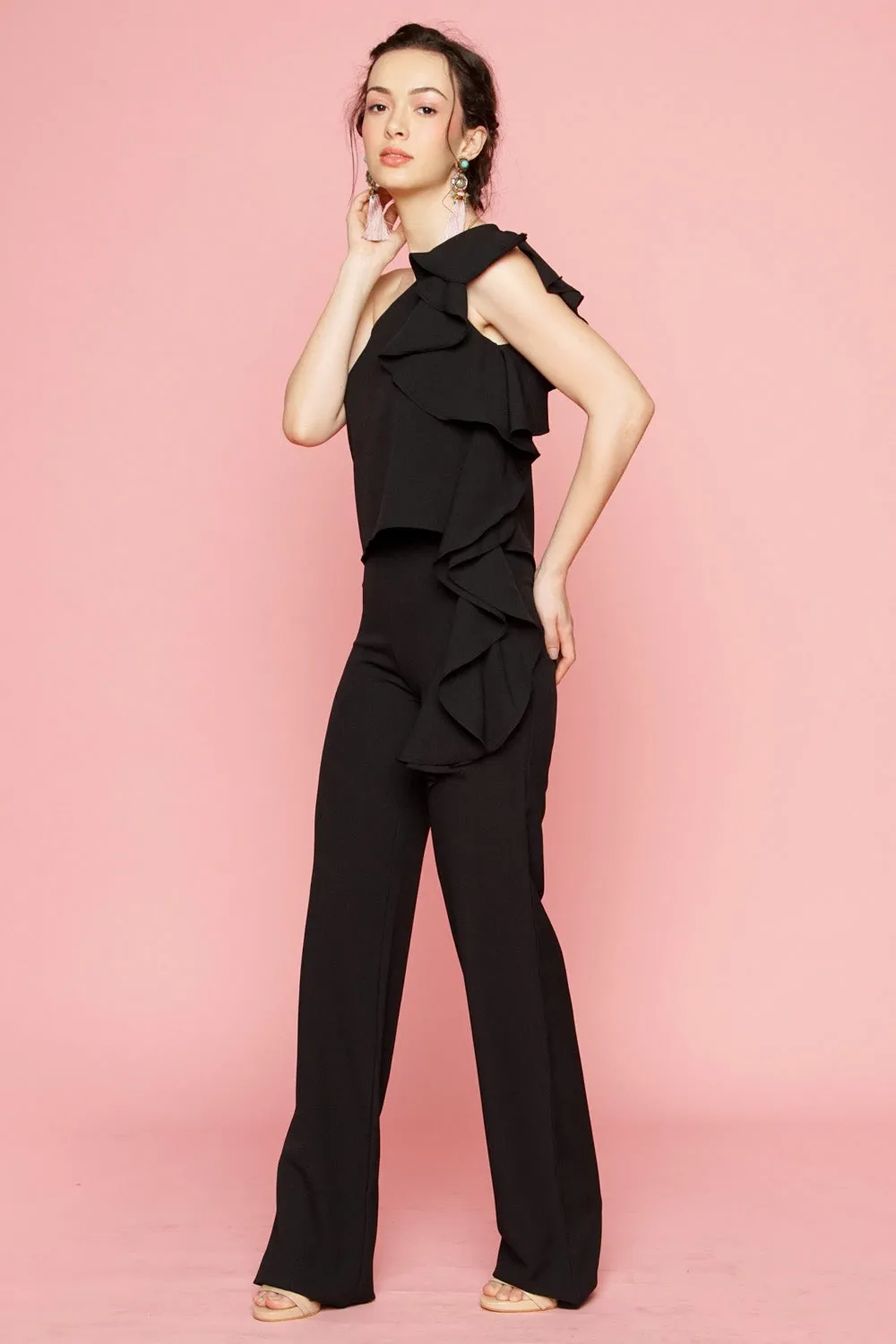 MORNING MIST TOP Asymmetric Top with Cascading Ruffle Detail (Black)