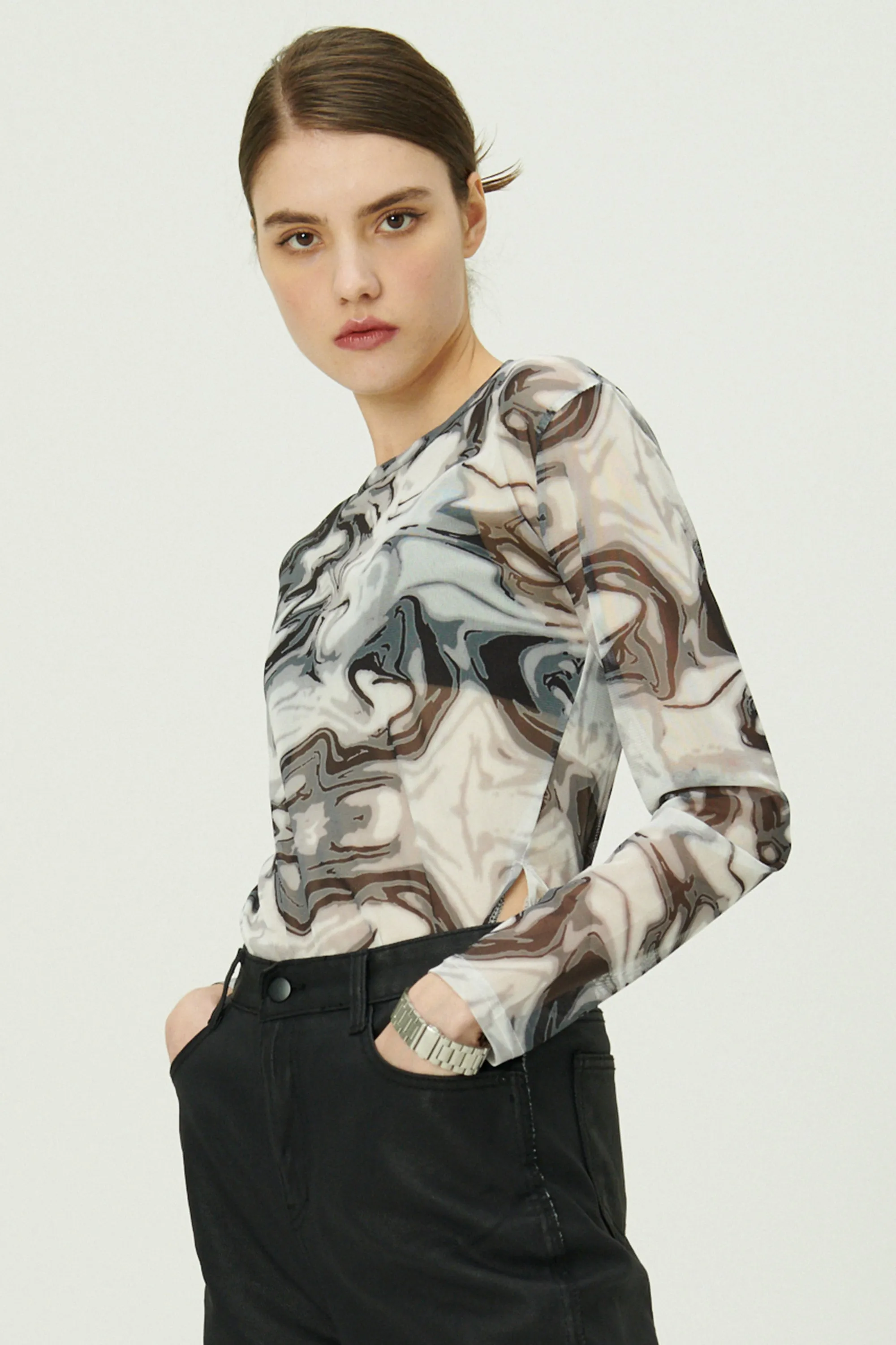 Natalia Marble Print Mesh Top