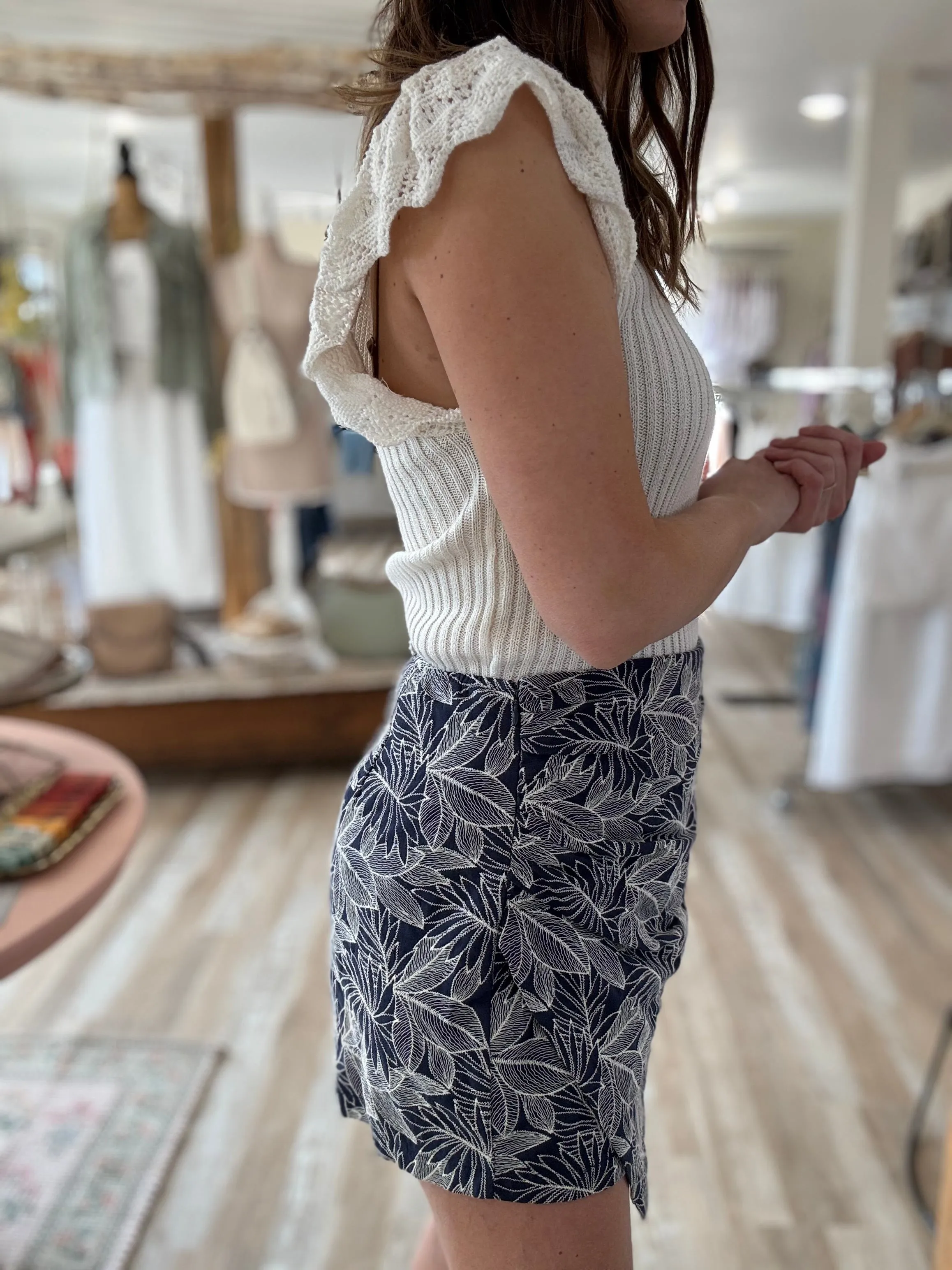 navy cream foliage jacquard skort