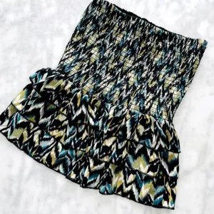Olivaceous Smock Ruffle Tier Mini Skirt Aztec Green Black Medium NEW Stretch