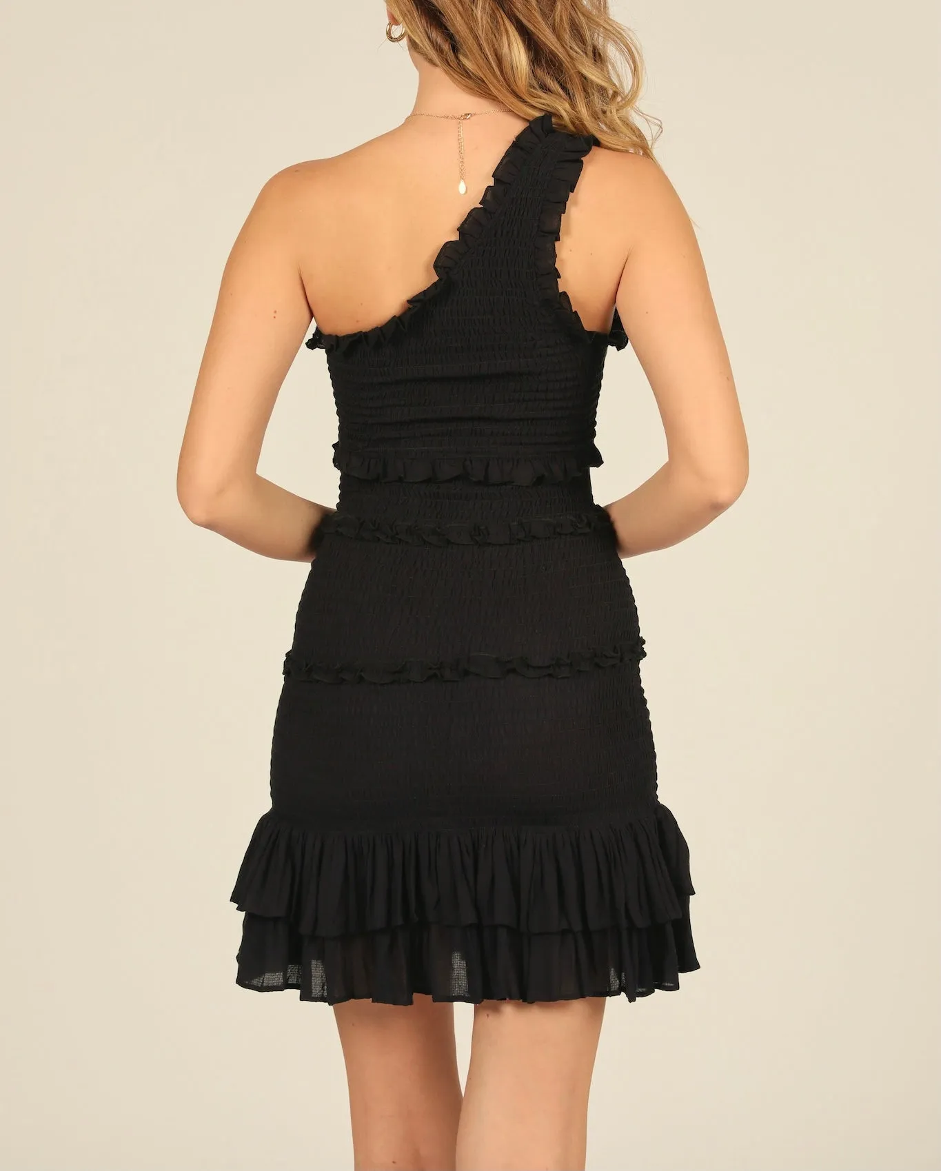 One Shoulder Smock Ruffle Hem Mini Dress