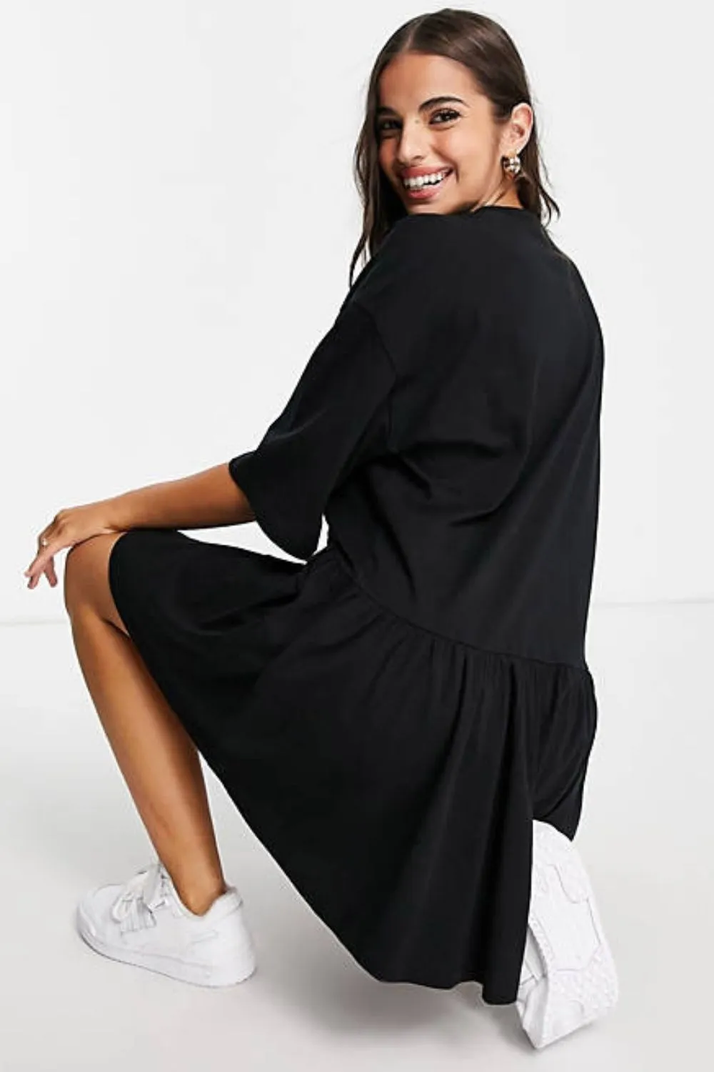 Oversized Mini Smock Dress With Dropped Waist In Black