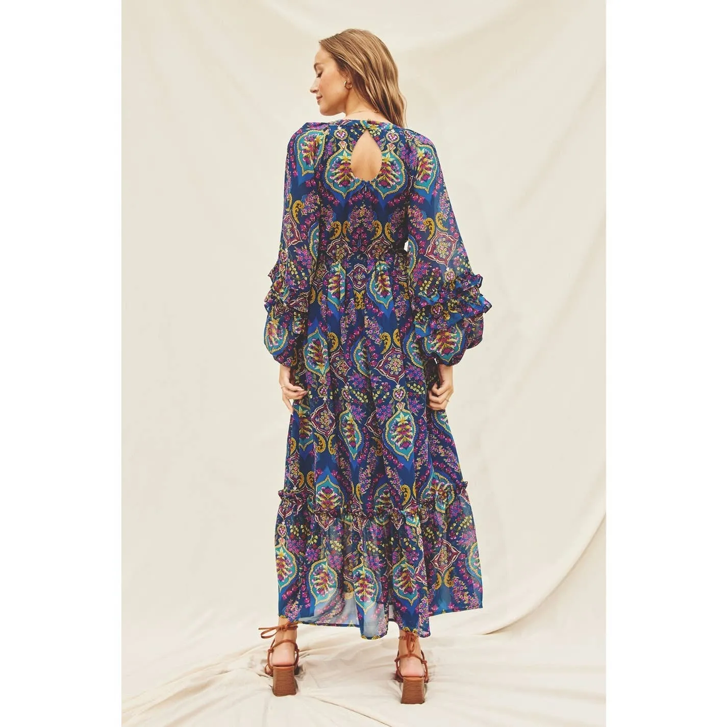 Paisley Jewel Ruffle Detail Maxi Dress