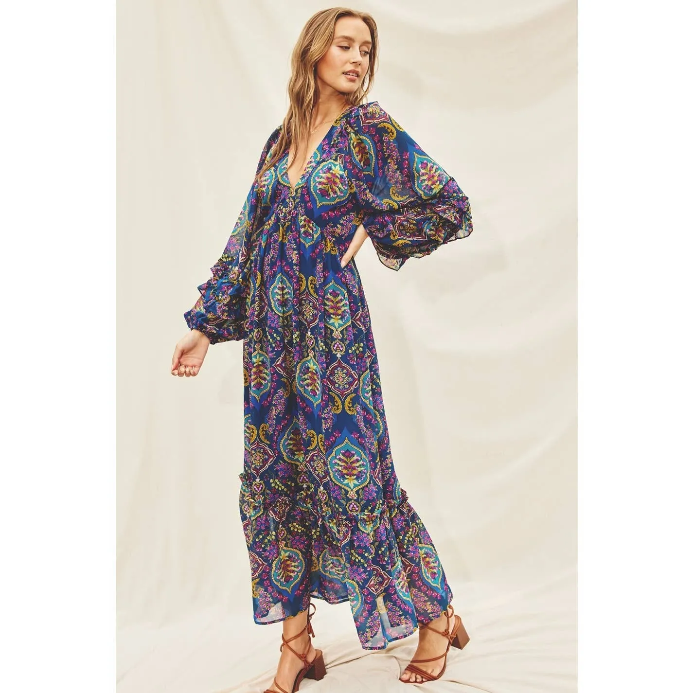 Paisley Jewel Ruffle Detail Maxi Dress