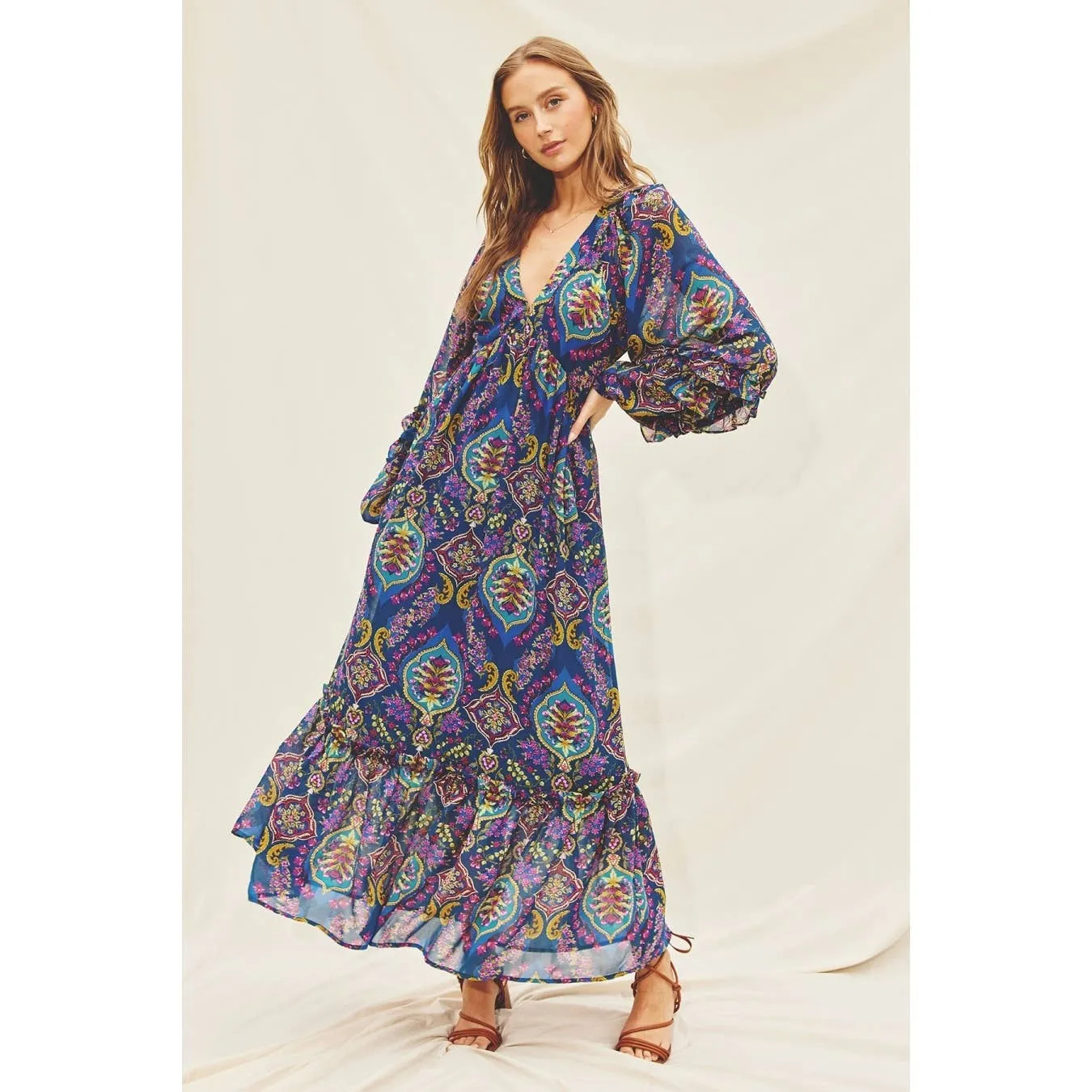 Paisley Jewel Ruffle Detail Maxi Dress