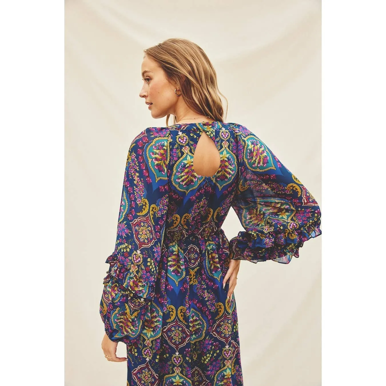 Paisley Jewel Ruffle Detail Maxi Dress