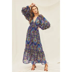 Paisley Jewel Ruffle Detail Maxi Dress