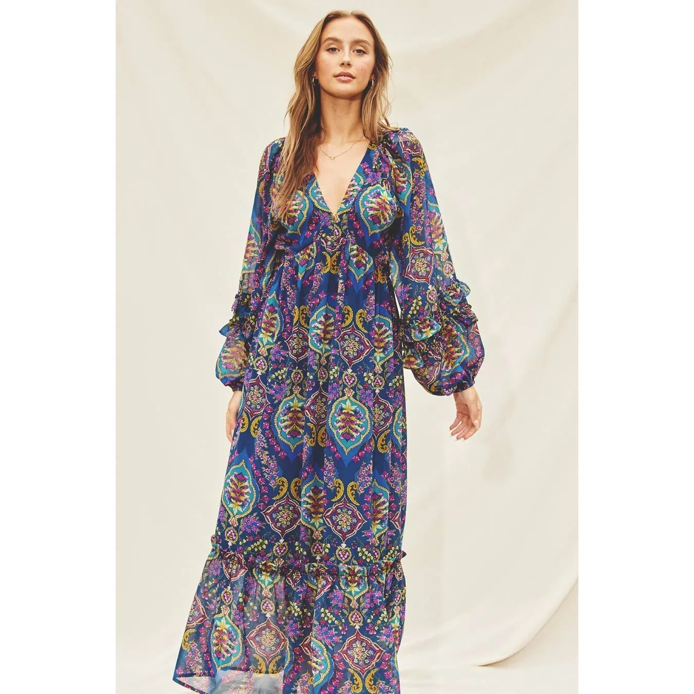 Paisley Jewel Ruffle Detail Maxi Dress