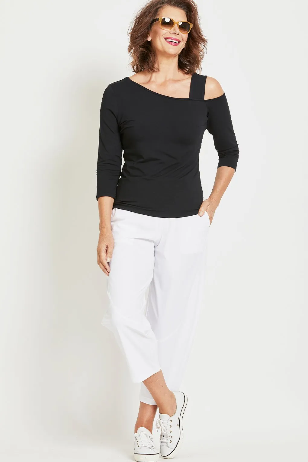 PAULA RYAN Asymmetric Neck Top - Black MicroModal