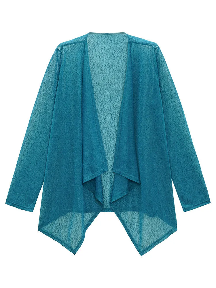 Plain Asymmetrical Neck Mesh Long Sleeve Kimono