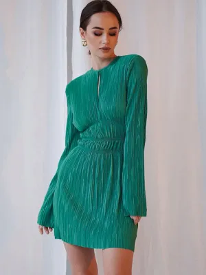 Pleated Mini Dress with Keyhole and Cinched Waist