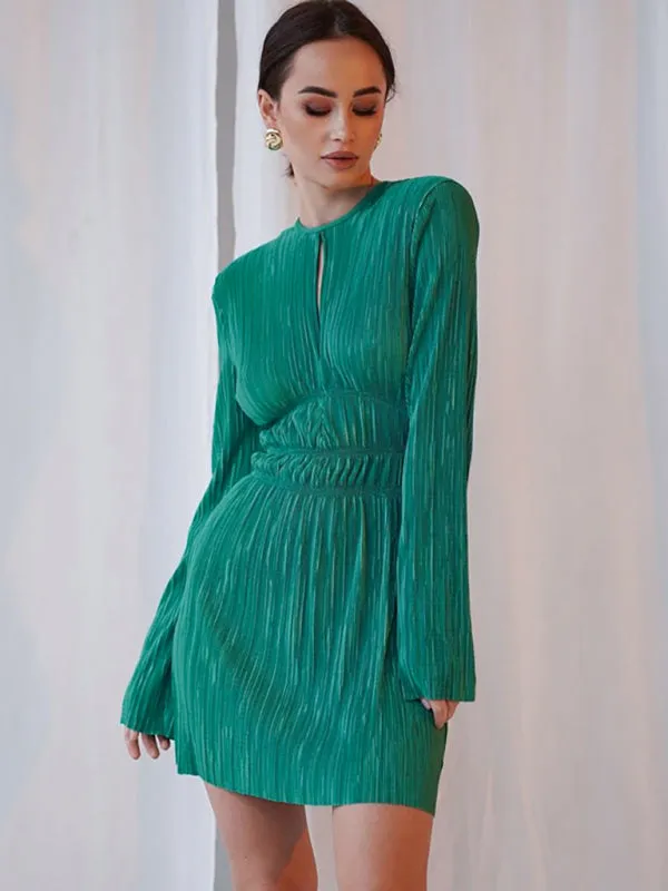 Pleated Mini Dress with Keyhole and Cinched Waist