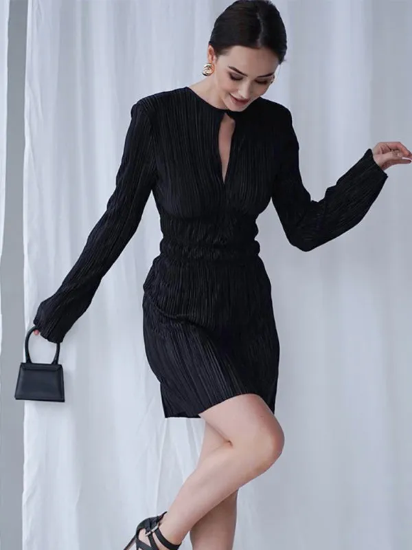Pleated Mini Dress with Keyhole and Cinched Waist