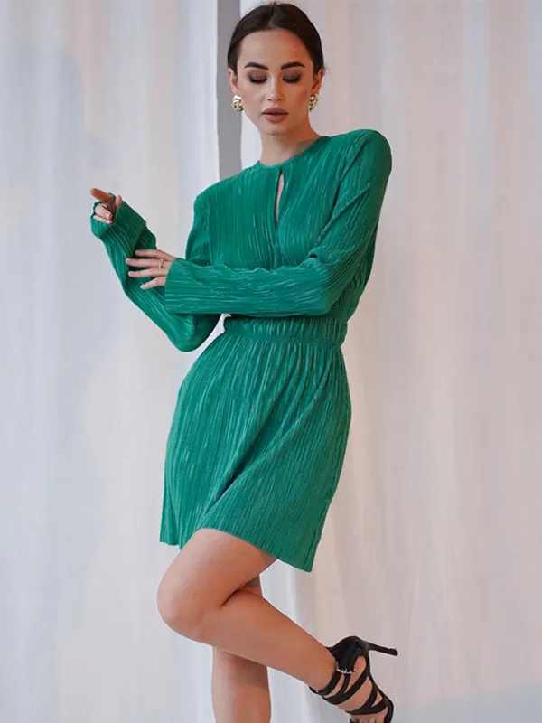 Pleated Mini Dress with Keyhole and Cinched Waist