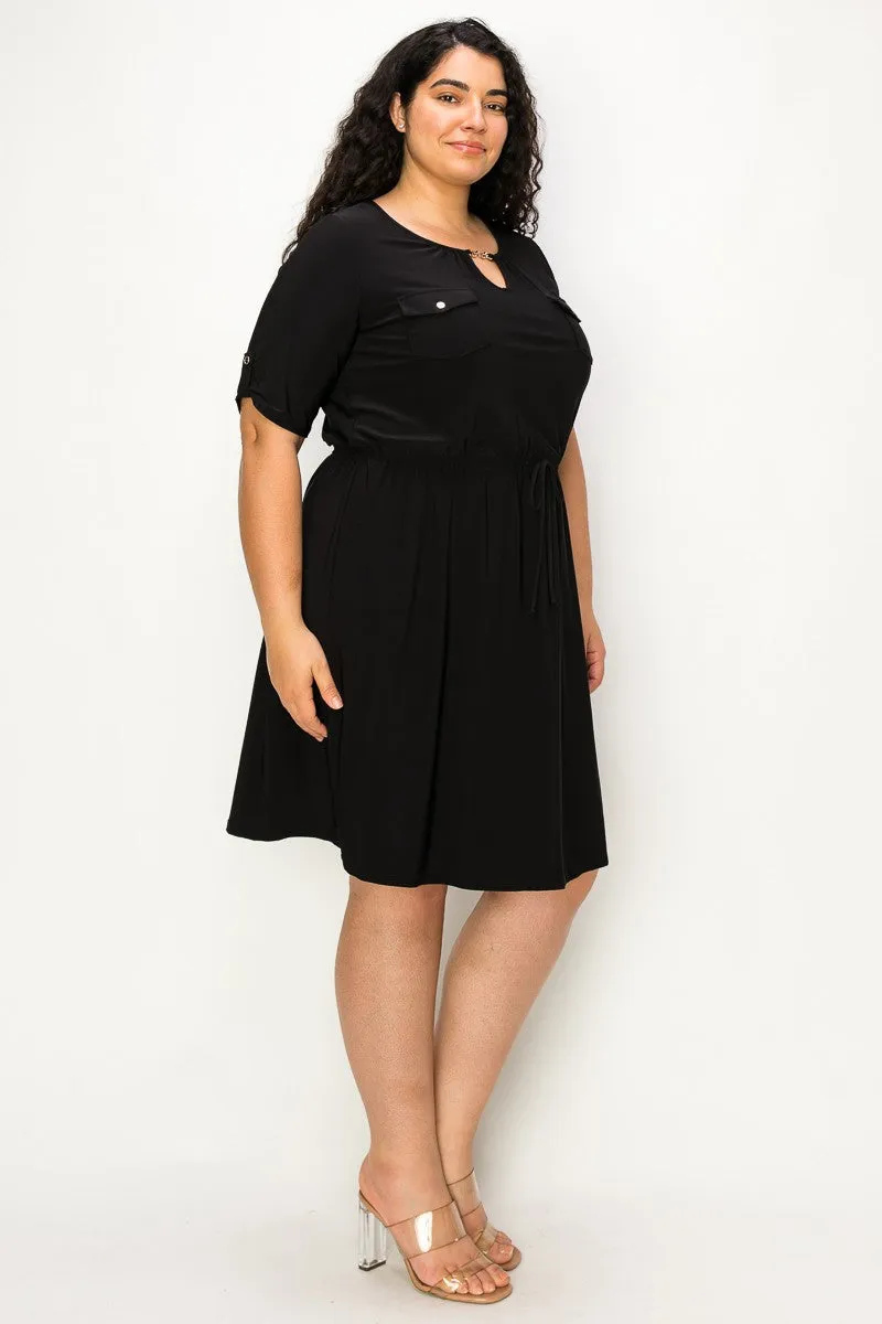 PLUS  Keyhole Chain Neck Pocket Tunnel Waist Shirt Dress