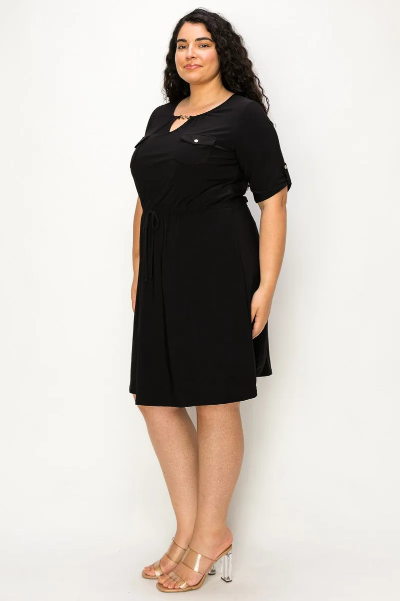 PLUS  Keyhole Chain Neck Pocket Tunnel Waist Shirt Dress