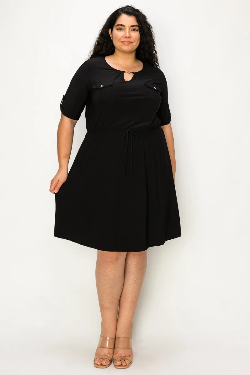 PLUS  Keyhole Chain Neck Pocket Tunnel Waist Shirt Dress