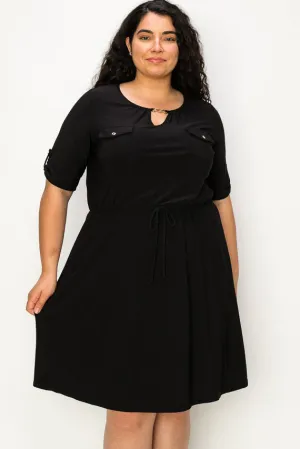 PLUS  Keyhole Chain Neck Pocket Tunnel Waist Shirt Dress