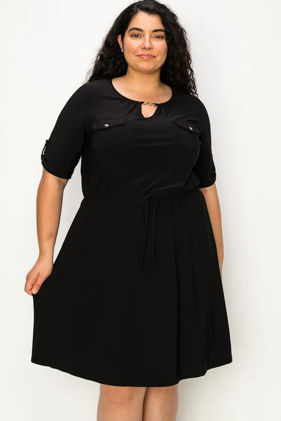 PLUS  Keyhole Chain Neck Pocket Tunnel Waist Shirt Dress