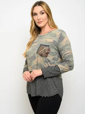 PLUS SIZE LONG SLEEVE CAMO STRIPES PRINT SEQUIN POCKET TOP