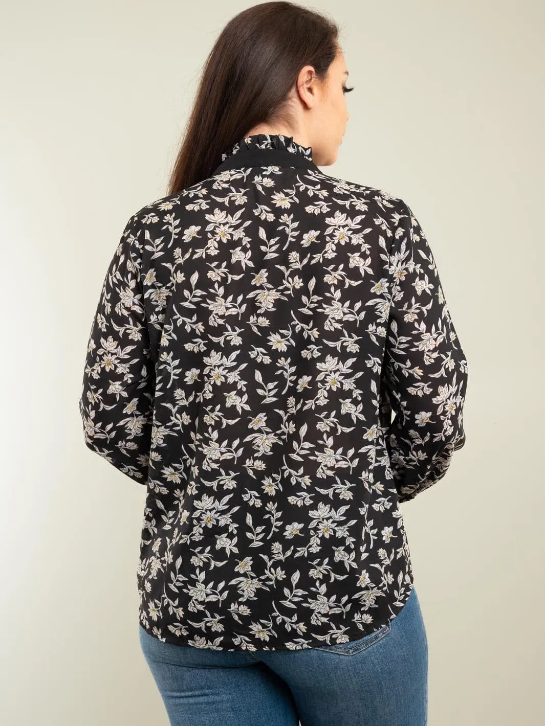 PLUS SIZE LONG SLEEVE NECK TIE FLORAL BLOUSE TOP