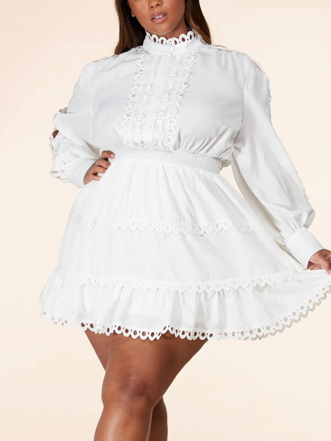 PLUS SIZE LONG SLEEVE SMOCK WAIST EYELET DETAIL MINI DRESS